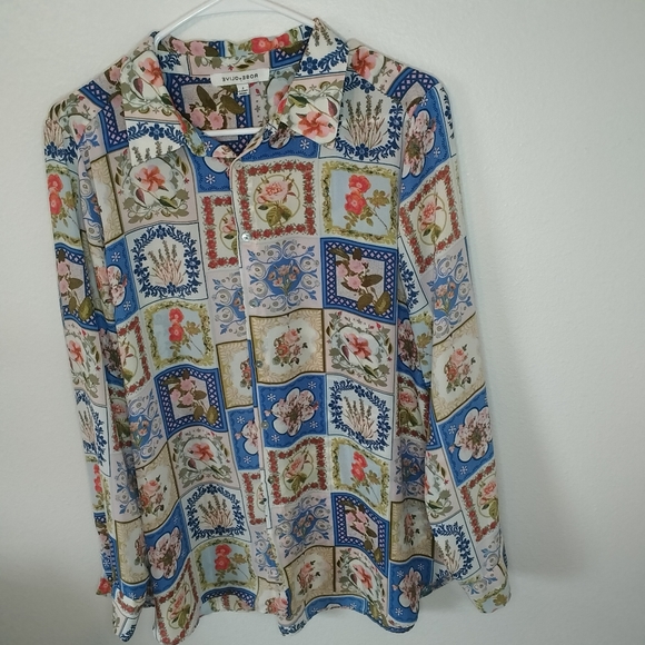 Rose & Olive Tops - Womens Rose & Olive Blue/White Tile Pattern Print Blouse Size L Boho Cottagecore